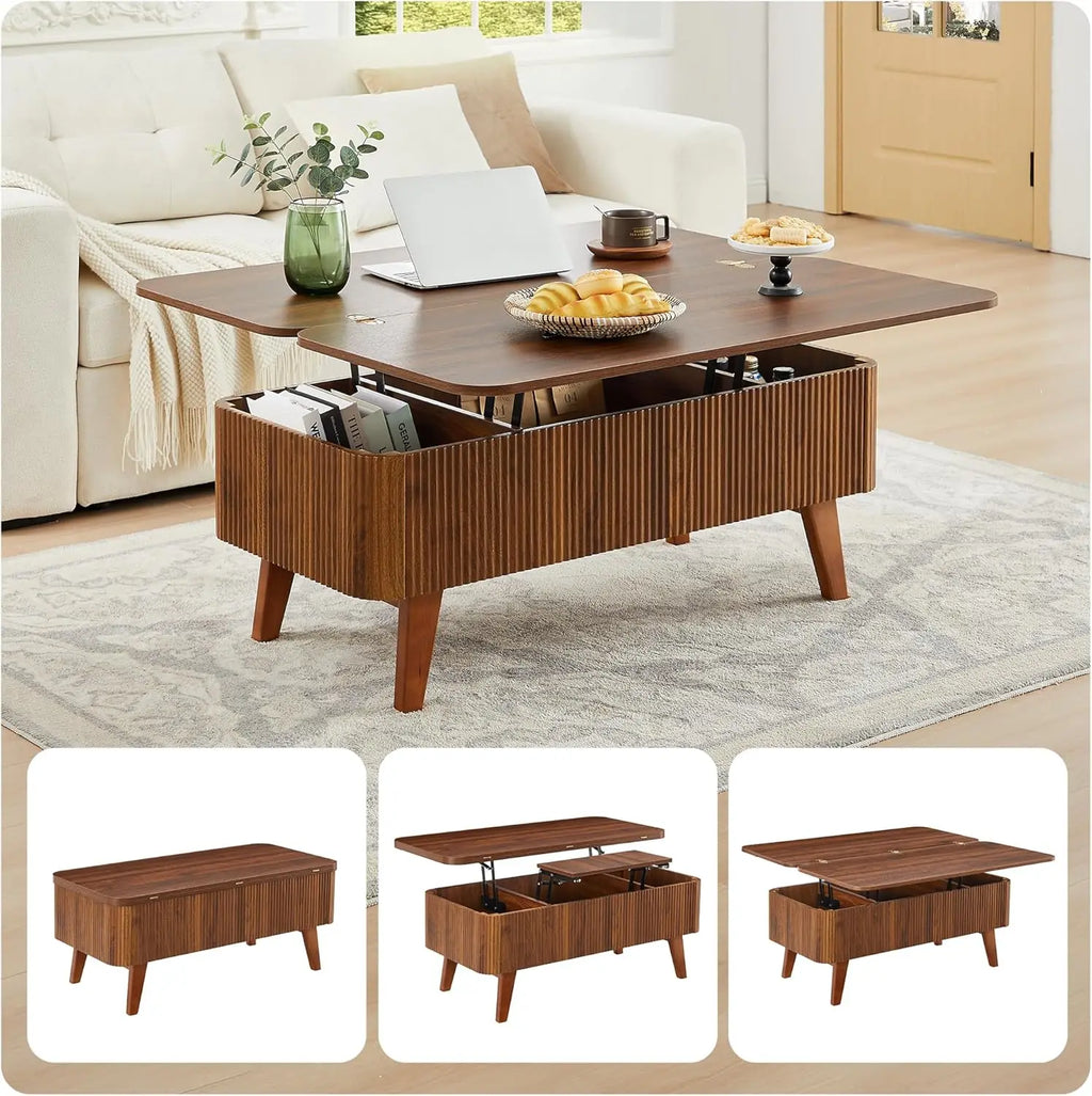 3-in-1 Lift Top Coffee Table, Convertible Oval Wooden Table with Storage, Modern Walnut Finish, Partial Assembly