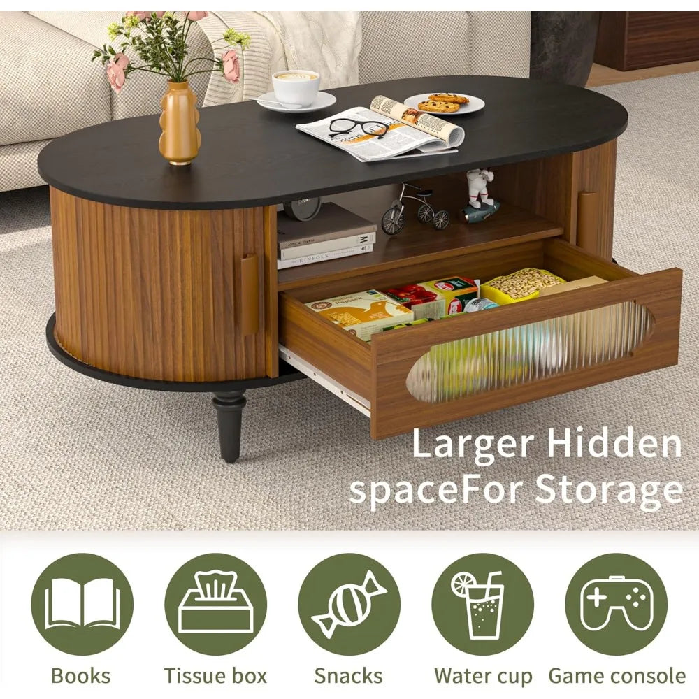Fluted Round Coffee Table with Storage, Modern Oval Coffee Table with Drawer, Sliding Door, Low Small Center Tables for Living R