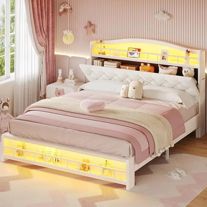 Queen Szie Girls Bed with LED Lights & Charging Station, Princess Queen Size Bed Frame with Hidden Storage Headborad