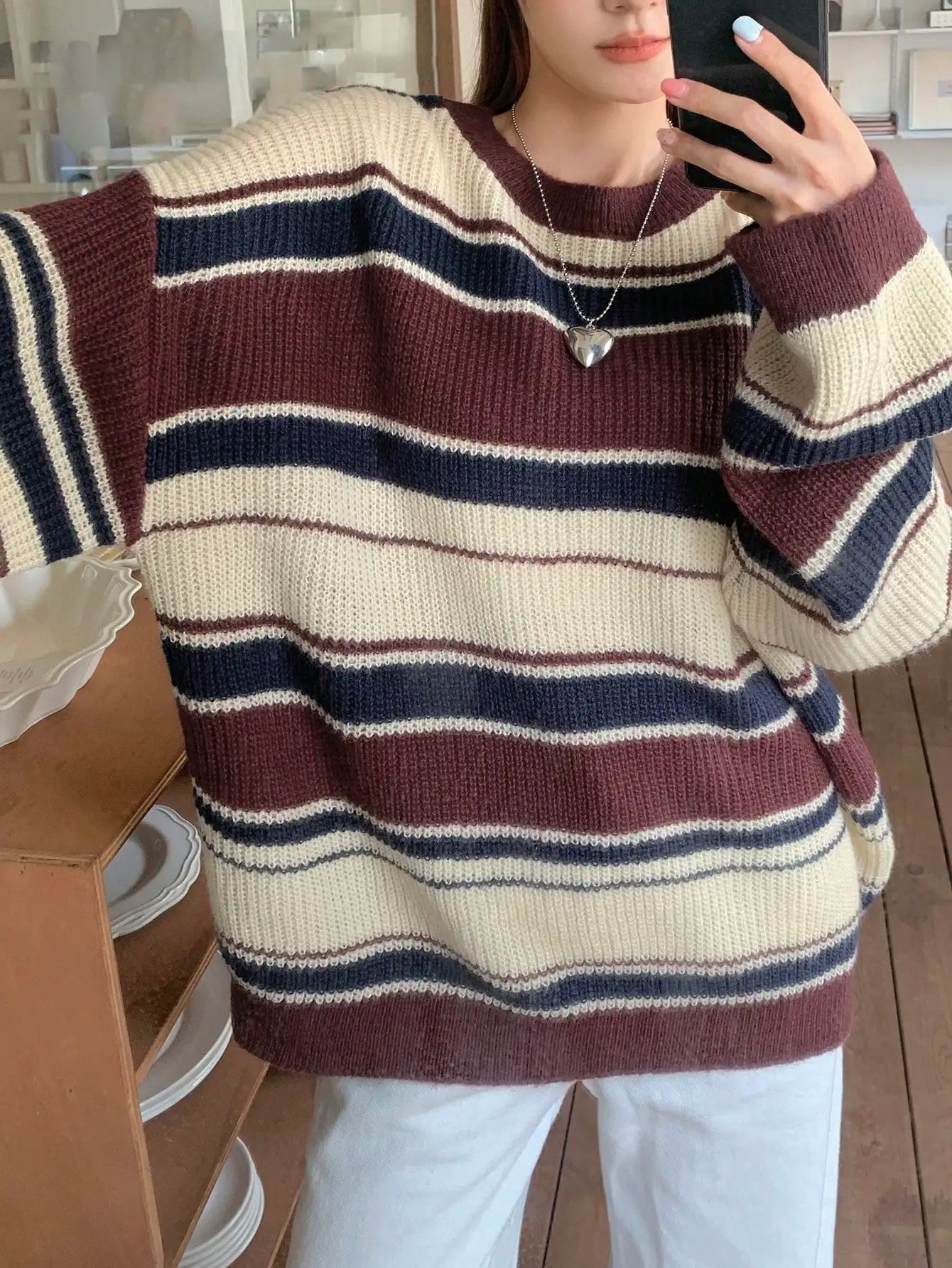 Autumn/Winter Striped Oversized Crew Neck Long Sleeve Casual Sweater,Long Sleeve Tops,Fall Women Clothes