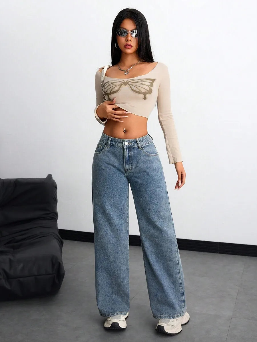 Solid Color Pocket Casual Versatile Wide-Leg Jeans