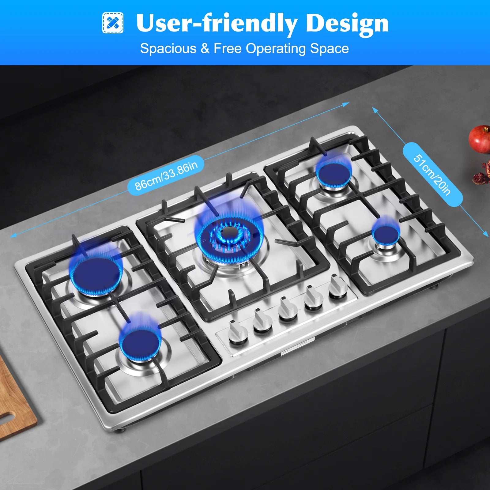 Built-in Gas Cooktop with 5 Burners Electronic Pulse Ignition Built-in Stainless Steel Gas Hob for Kitchen