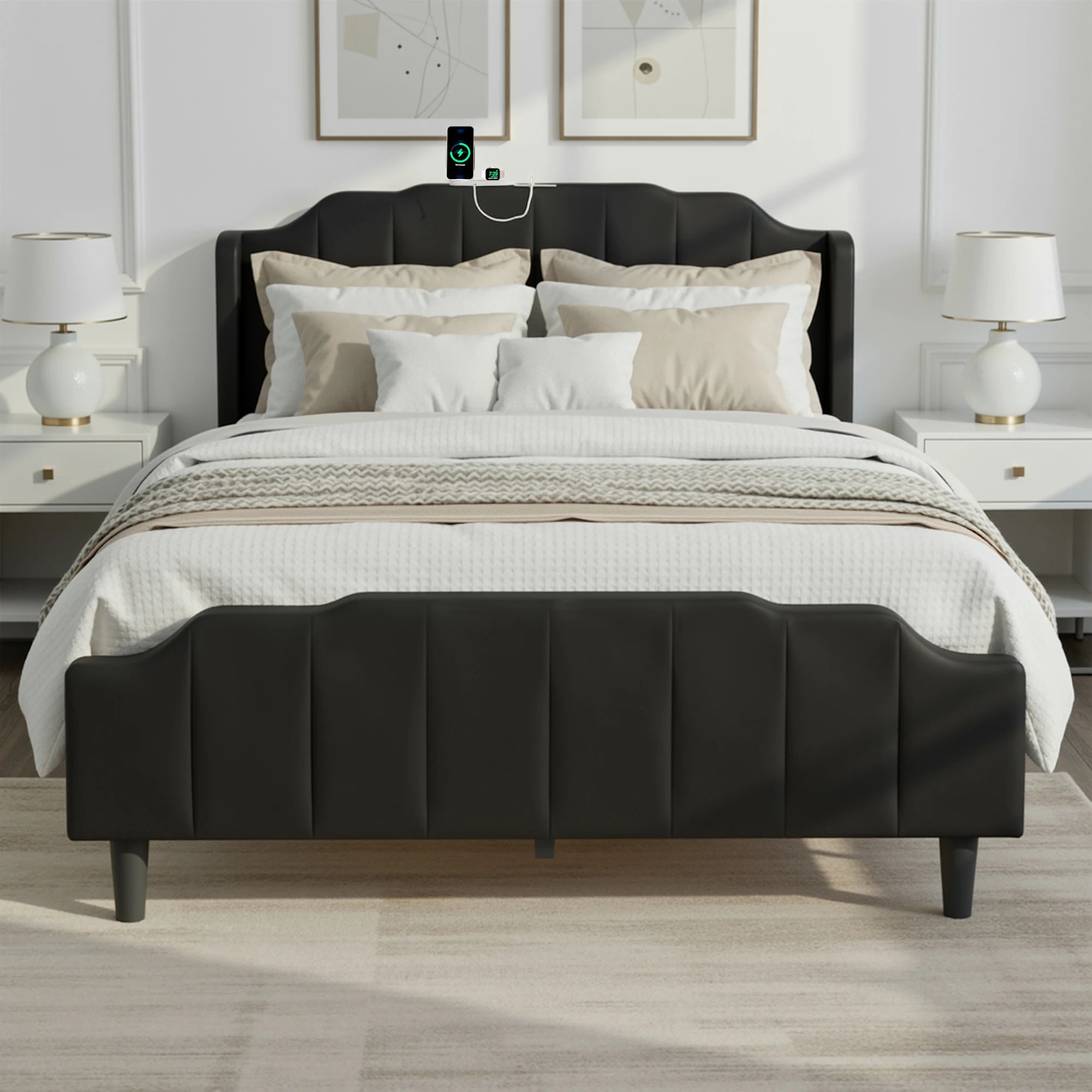 HOOMIC Full/Queen Size Velvet Platform Bed Frame with Curved Vertical Tufted Wingback Headboard and Footboard, Charging Station