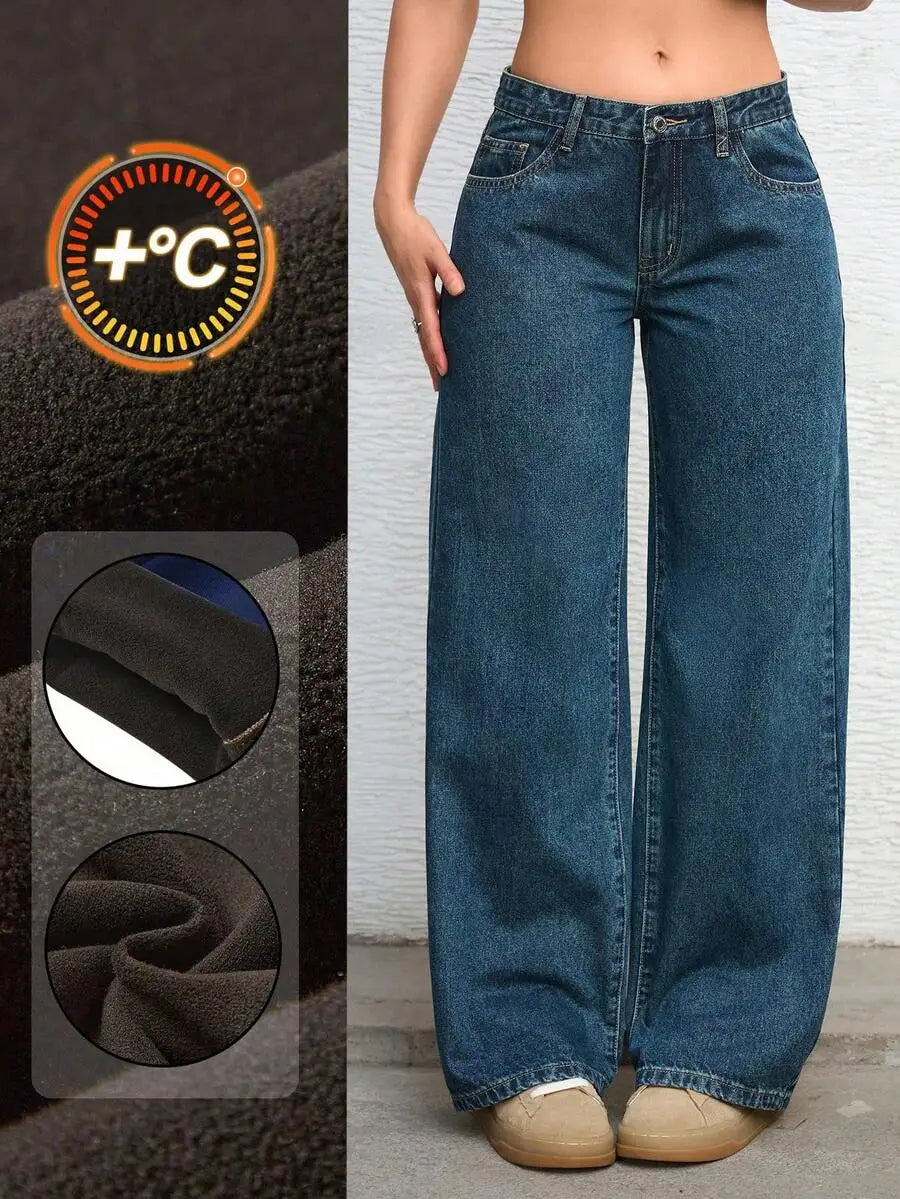 Solid Color Pocket Casual Versatile Wide-Leg Jeans
