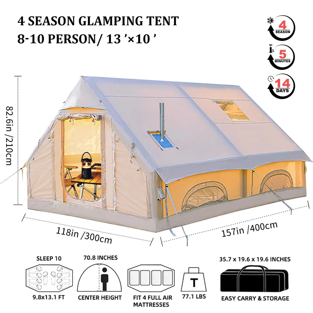 13' x 10' Inflatable Camping Tent for 8-10 Person,4 Season Blow up Tents Waterproof, Air Tent with Stove Jack AC Port
