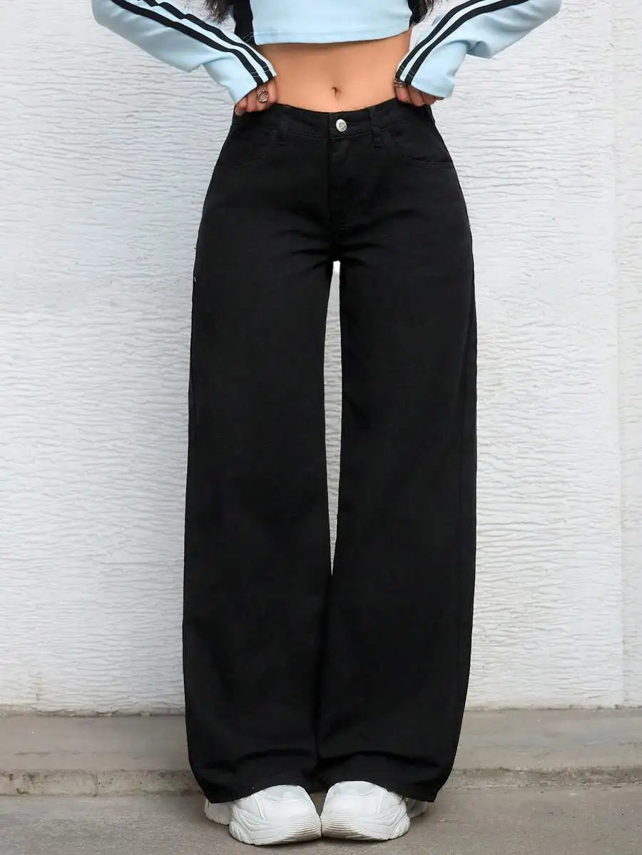 Solid Color Pocket Casual Versatile Wide-Leg Jeans