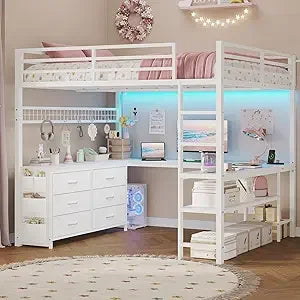 Loft Bed Full Size with U-Shaped Desk, 6 Storage Drawers, Power Outlet, LED Metal Loft Bed with 2 Storage Shelves,White