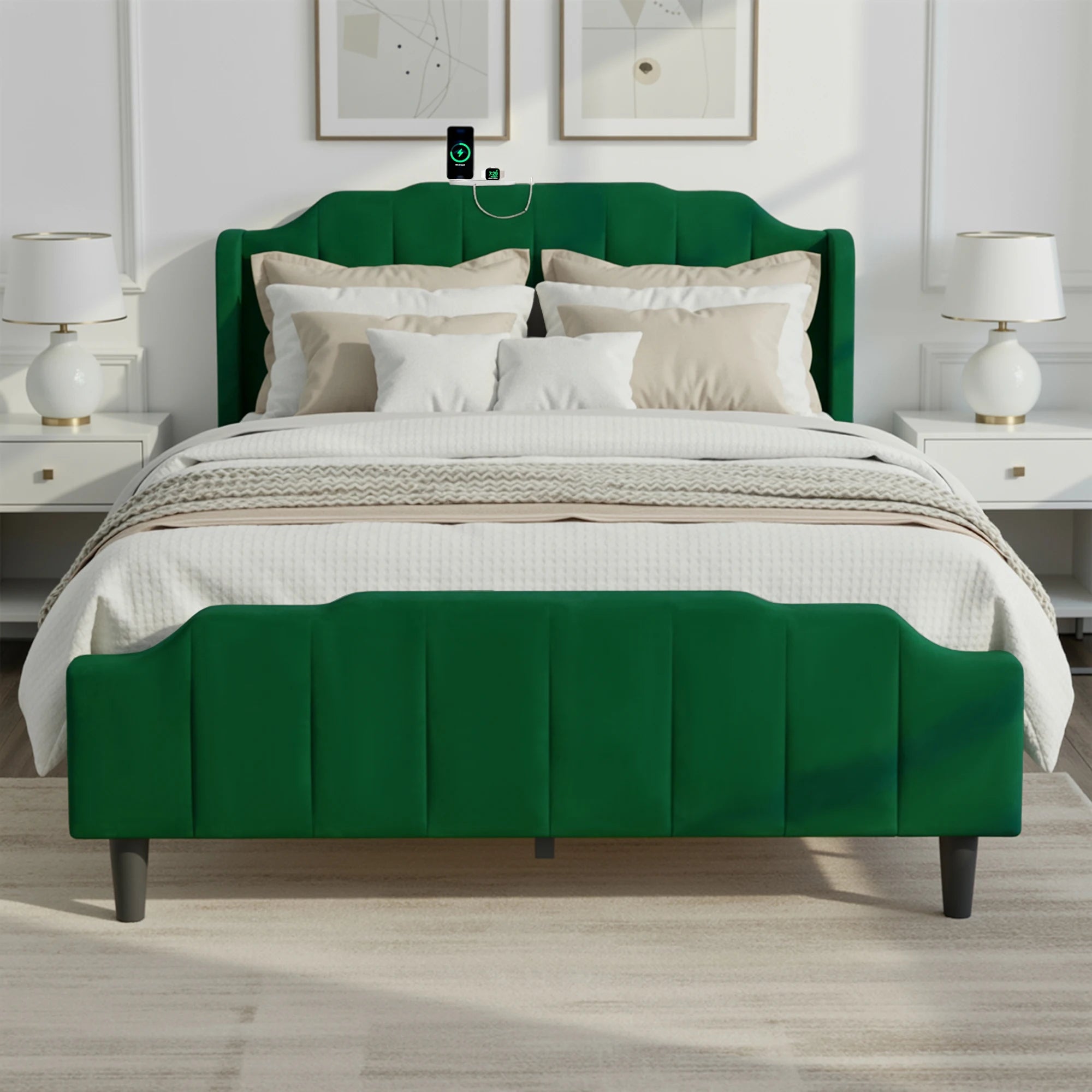 HOOMIC Full/Queen Size Velvet Platform Bed Frame with Curved Vertical Tufted Wingback Headboard and Footboard, Charging Station