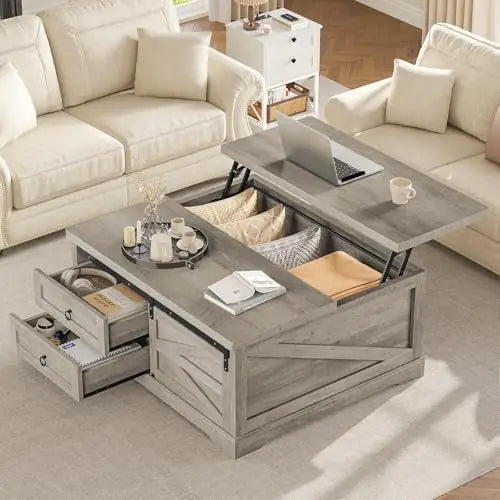39.4' Lift Top Coffee Table with Storage, Farmhouse Style, Gray