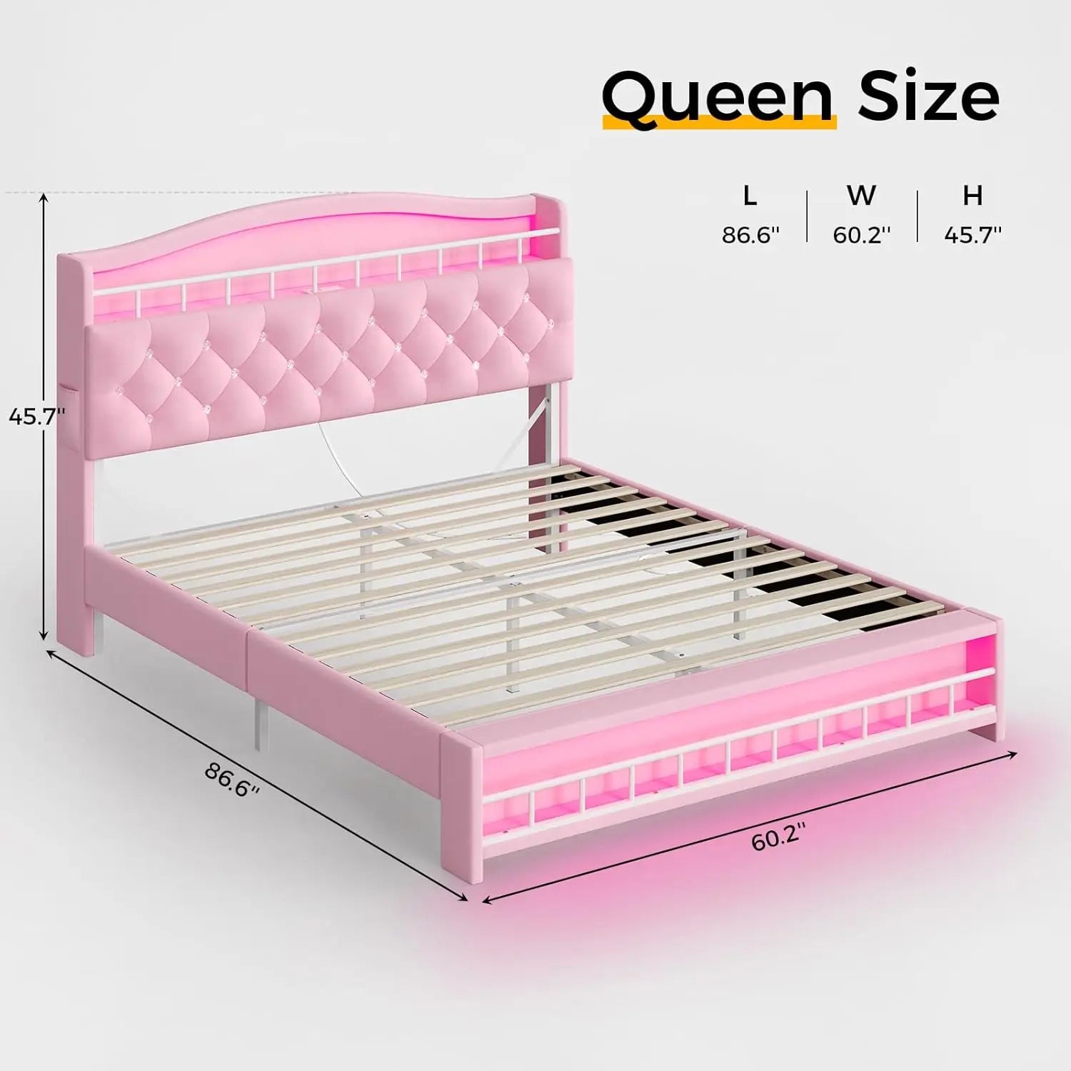 Queen Szie Girls Bed with LED Lights & Charging Station, Princess Queen Size Bed Frame with Hidden Storage Headborad