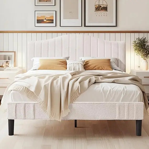 VECELO Queen Size Bed Frame Upholstered Platform Beds with Height-Adjustable Teddy Fabric Headboard, Strong Wood Slats 7.9'' Und