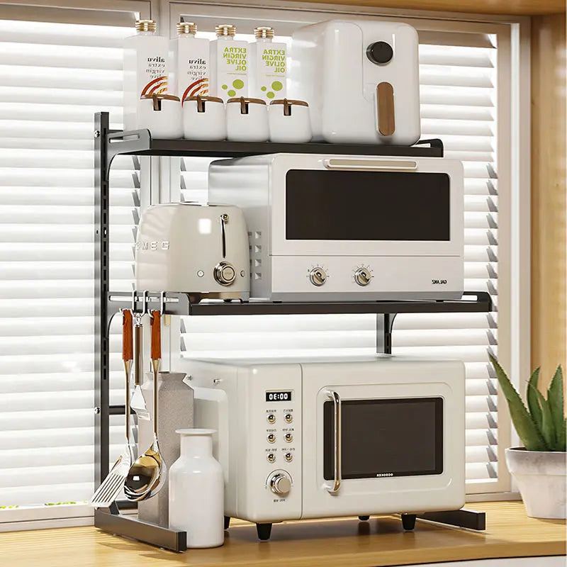 Kitchen Retractable Microwave Oven Storage Rack Household Countertop Cooker Oragnizer Cabinets Adjustable Seasoning Rack Shelf
