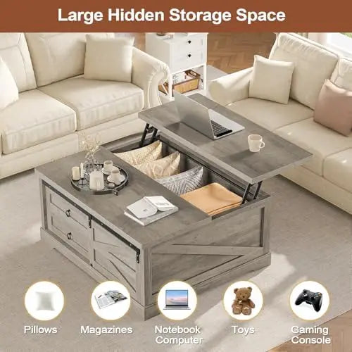 39.4' Lift Top Coffee Table with Storage, Farmhouse Style, Gray