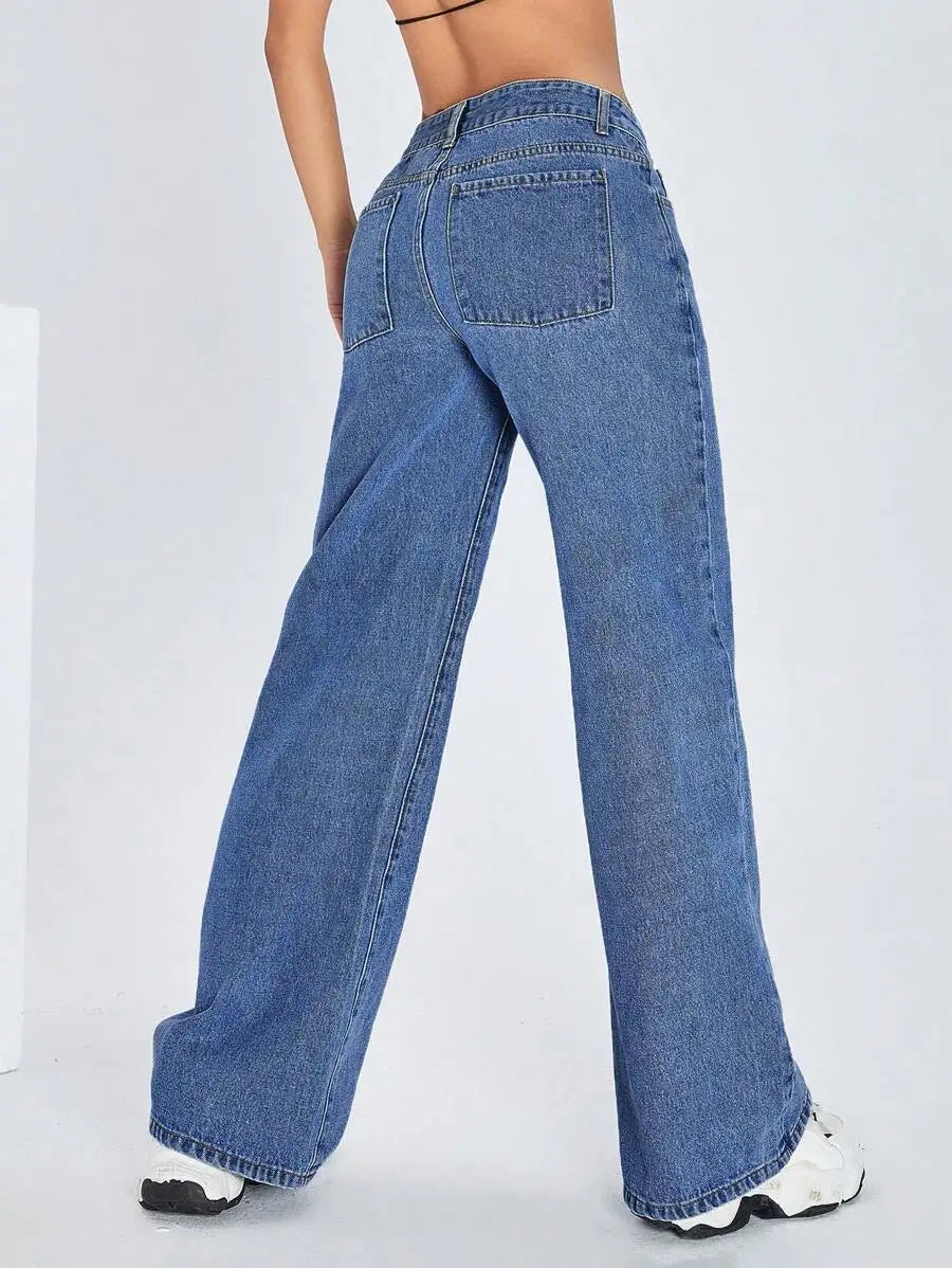 Solid Color Pocket Casual Versatile Wide-Leg Jeans
