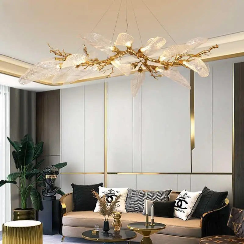 Luxury Villa Copper Branch Chandelier Dining Room Living Room Lobby Designer Art Resin Leaf Pendant Lamp Chandelier High Ceiling