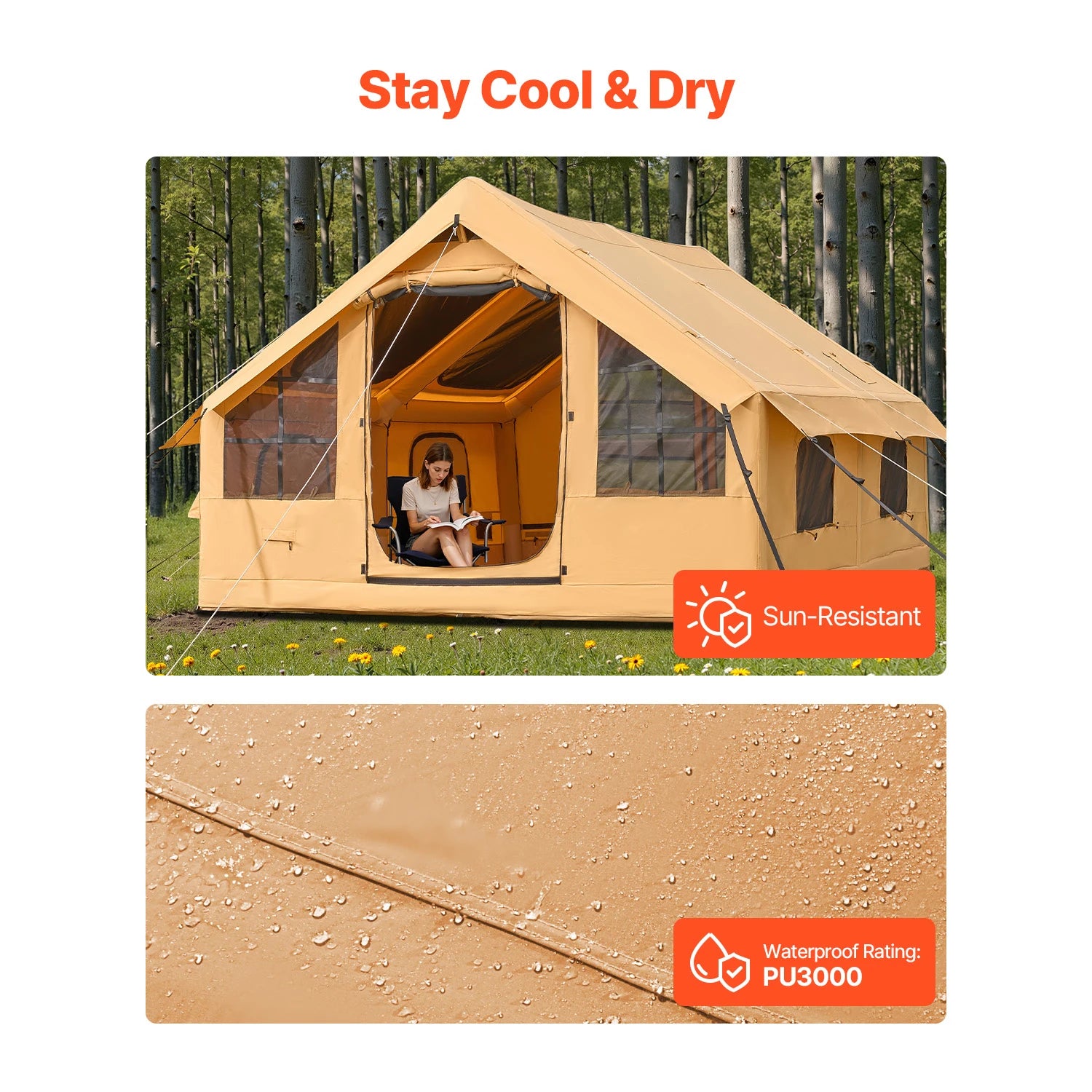 VEVOR Inflatable Tents for Camping Easy Setup Blow up Tent with Hand Pump Glamping Tent with Skylight Stove Jack & Mesh Windows