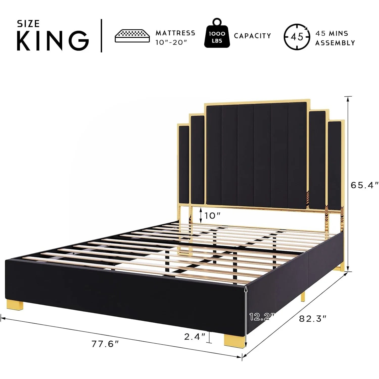King Size Bed Frame and 65" Headboard, Upholstered Bed with Golden Plating Trim, Modern Platform Bed No Box Spring Needed, Black