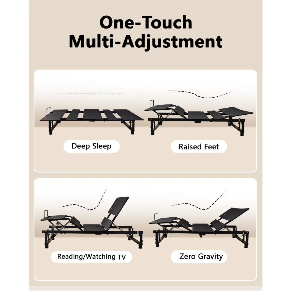 King Size Adjustable Bed Base Frame - Quiet Motor, Head & Foot Incline, Zero Gravity, Wireless Remote, Universal Compatibility (