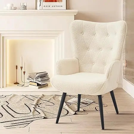White Faux Fur Accent Chair - Mid Century Modern Living Room Furniture, Comfortable Armchair for Leisure and Vanity, Guest Wingb
