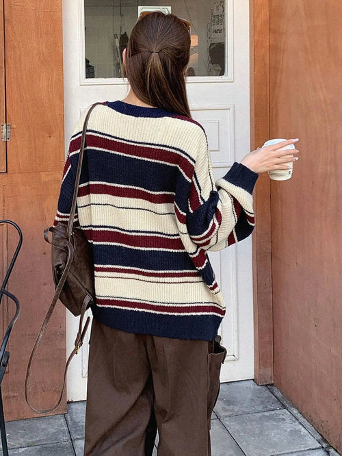 Autumn/Winter Striped Oversized Crew Neck Long Sleeve Casual Sweater,Long Sleeve Tops,Fall Women Clothes