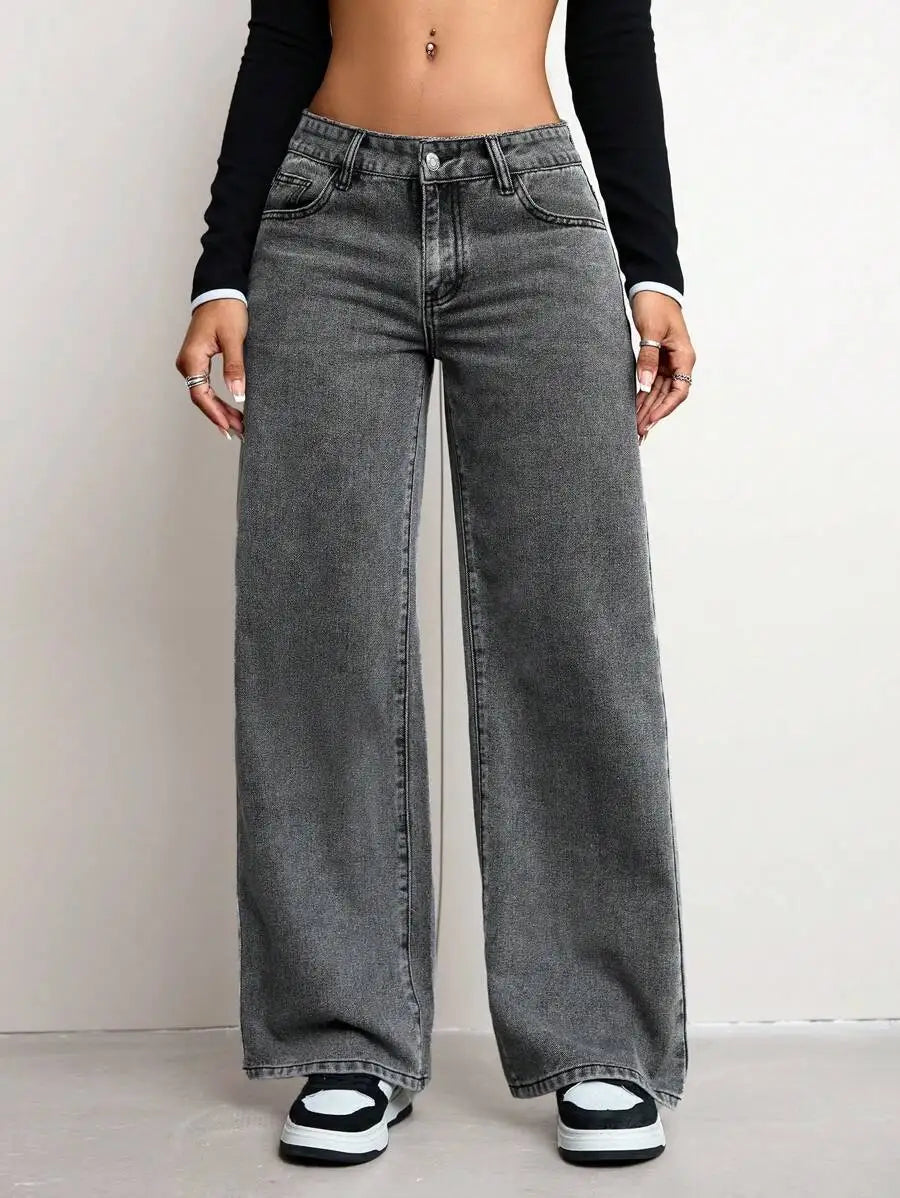 Solid Color Pocket Casual Versatile Wide-Leg Jeans