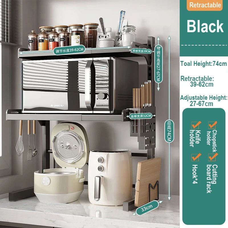 Kitchen Retractable Microwave Oven Storage Rack Household Countertop Cooker Oragnizer Cabinets Adjustable Seasoning Rack Shelf