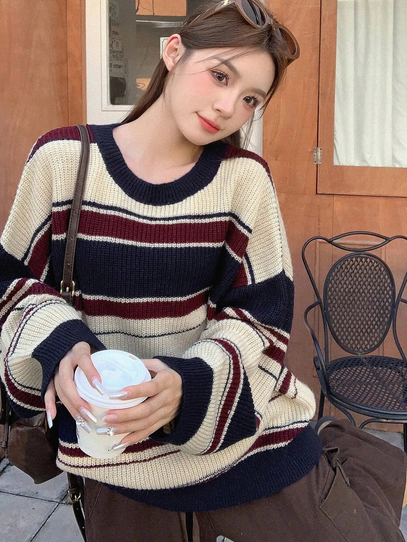 Autumn/Winter Striped Oversized Crew Neck Long Sleeve Casual Sweater,Long Sleeve Tops,Fall Women Clothes