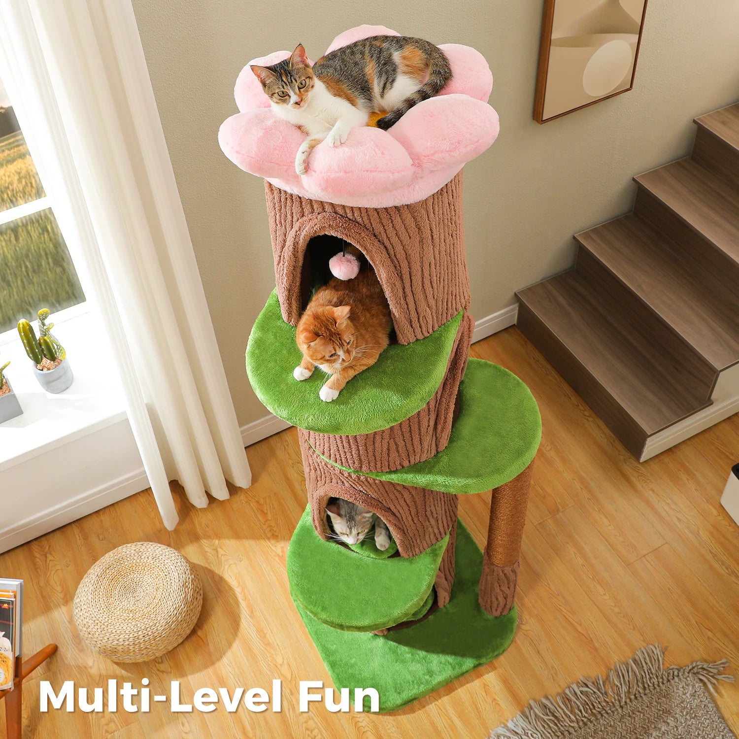 Tall Cat Tower Forest Cat Tree with Flower Top Perch,Thick Scratching Post,4 Cozy Condos Suitable for Large Heavy Cats,Cat Toys