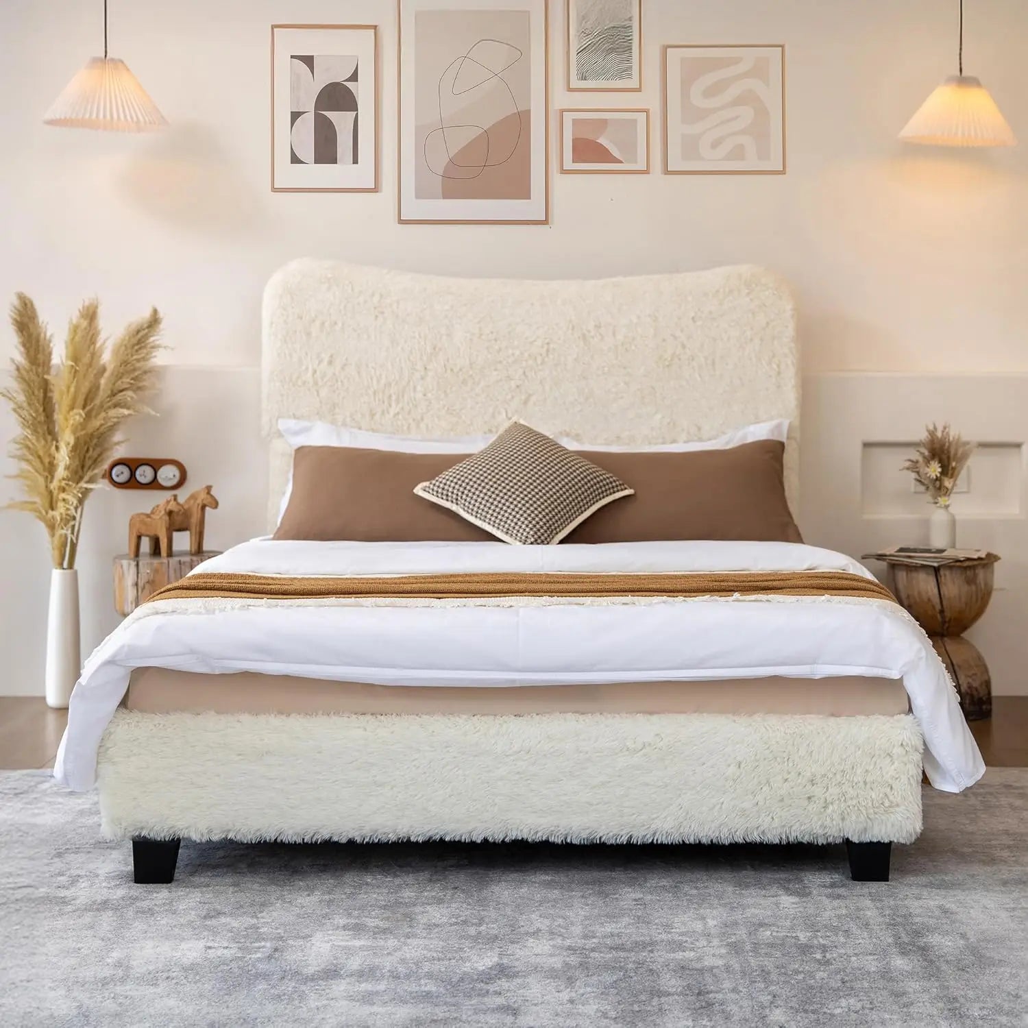 Queen Bed Frame With Headboard, Boho Fluffy Boucle Cloud Upholstered Platform Bed With Soft Rounded Corners And Wooden Slats, No