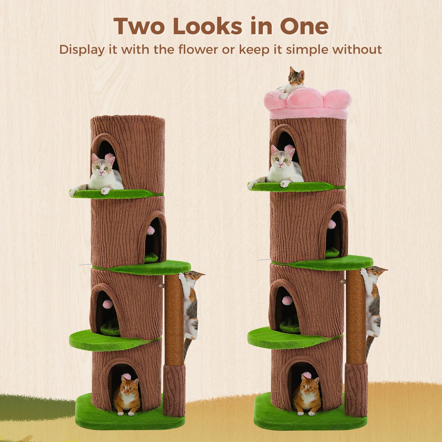Tall Cat Tower Forest Cat Tree with Flower Top Perch,Thick Scratching Post,4 Cozy Condos Suitable for Large Heavy Cats,Cat Toys