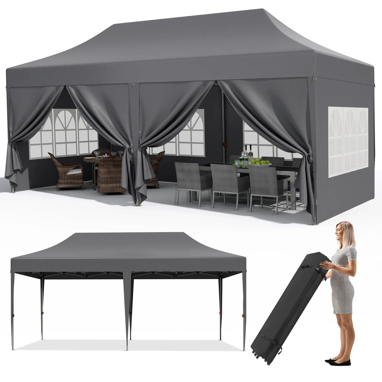 Pavilion Popup Gazebo 3x6m Waterproof Folding Gazebo Tent Party Tent with 6 Side Panels UV 50+ Height Adjustable 2-3M