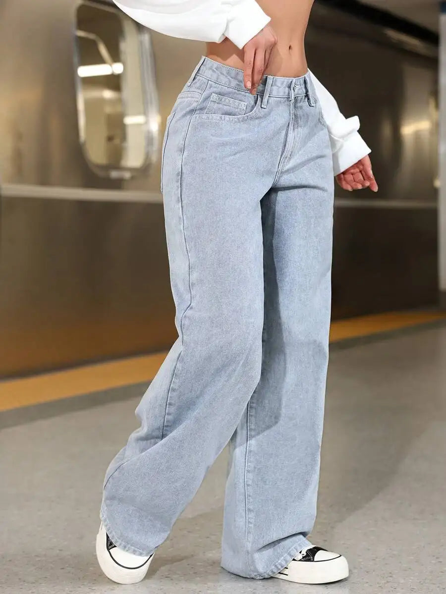 Solid Color Pocket Casual Versatile Wide-Leg Jeans