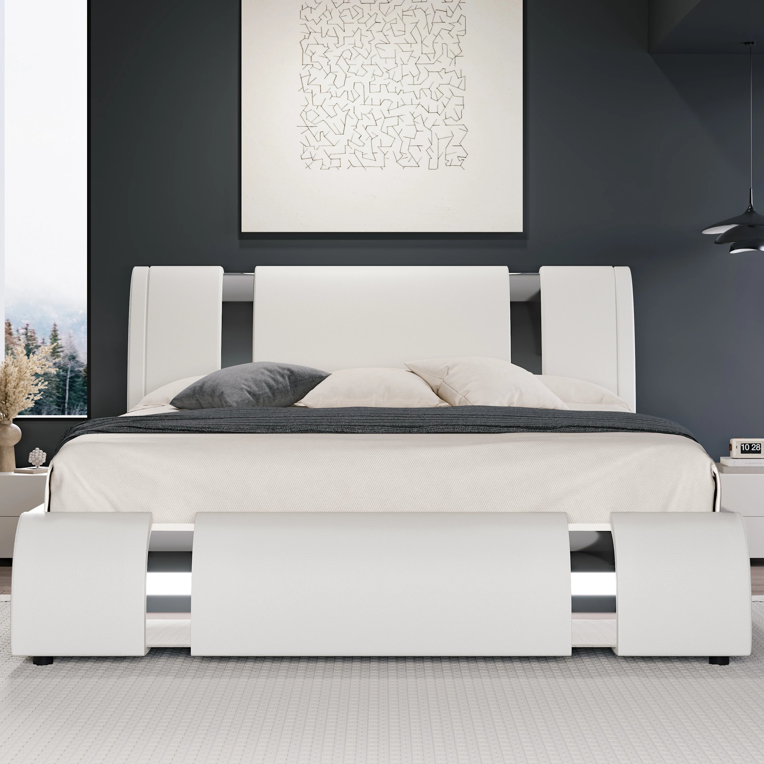 HOOMIC Modern Faux Leather Bed Frame with Iron Pieces Decor, Low Profile Platform Bed with Height-Adjustable Headboard