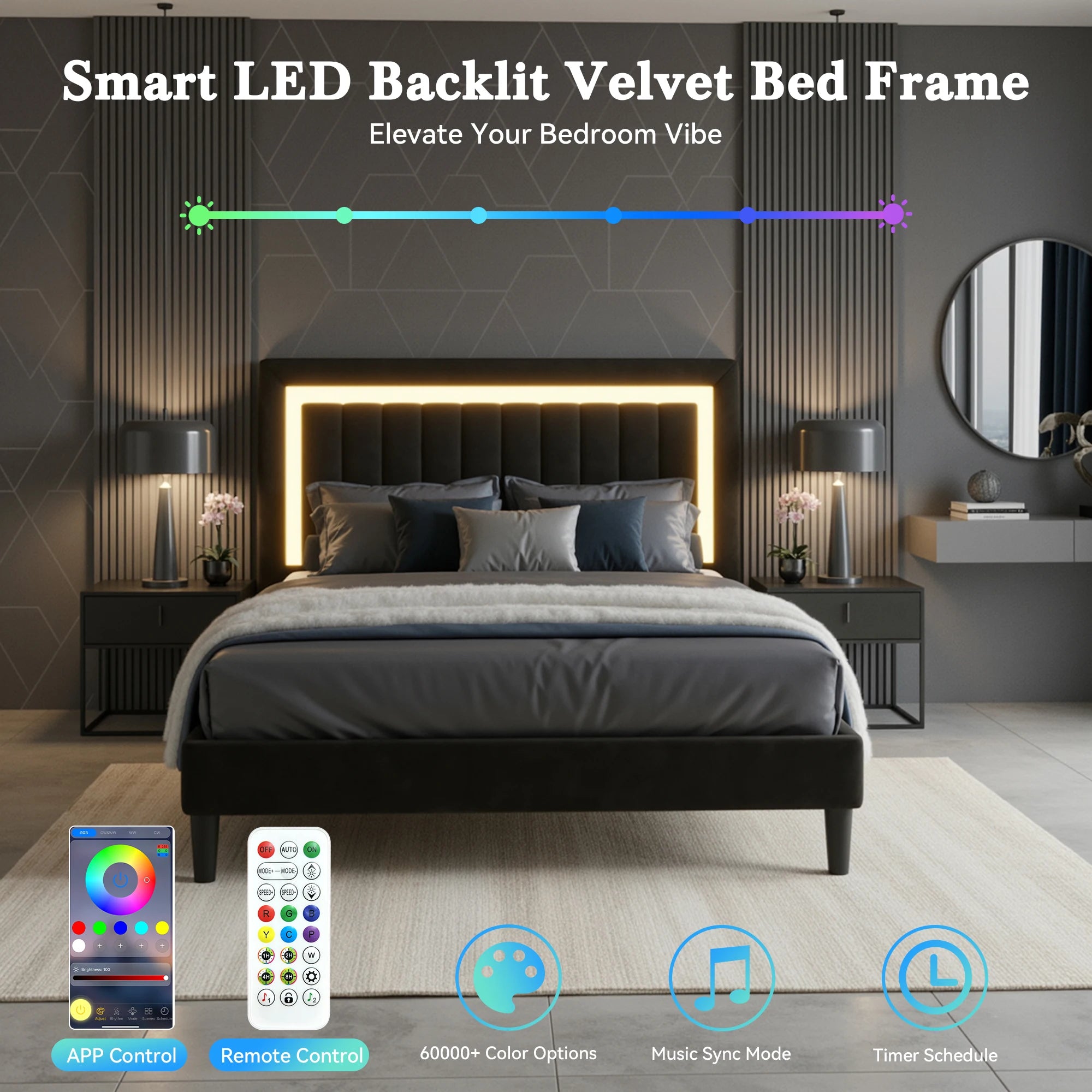 HOOMIC Full/Queen/King Velvet Platform Bed Frame with RGB LED Headboard, Strong Slat Support, Quiet Design, No Box Spring Needed