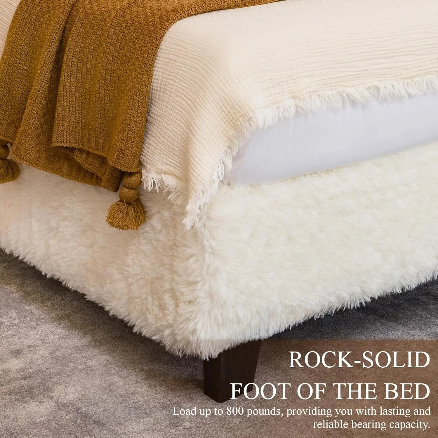 Queen Bed Frame With Headboard, Boho Fluffy Boucle Cloud Upholstered Platform Bed With Soft Rounded Corners And Wooden Slats, No