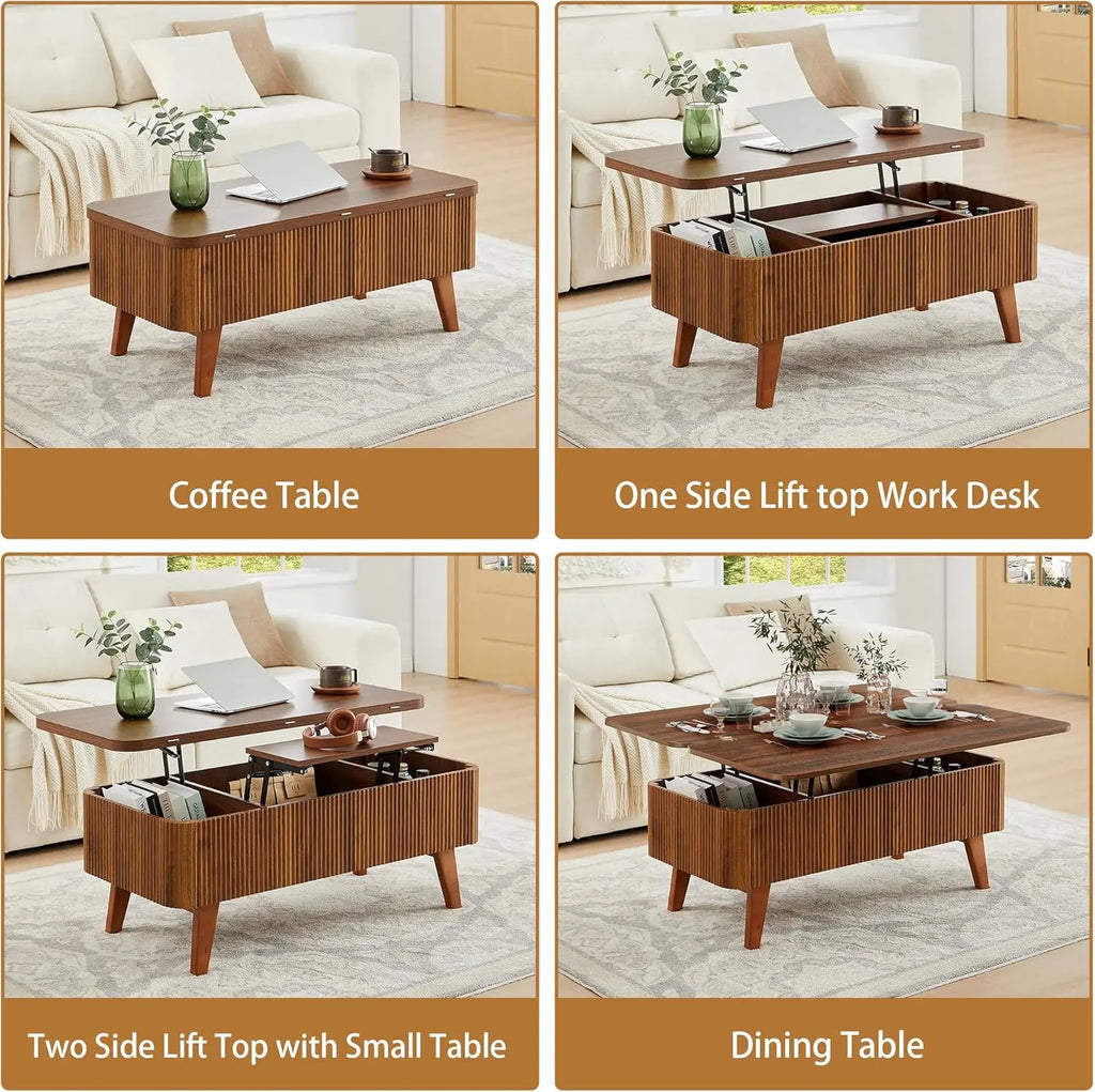 3-in-1 Lift Top Coffee Table, Convertible Oval Wooden Table with Storage, Modern Walnut Finish, Partial Assembly