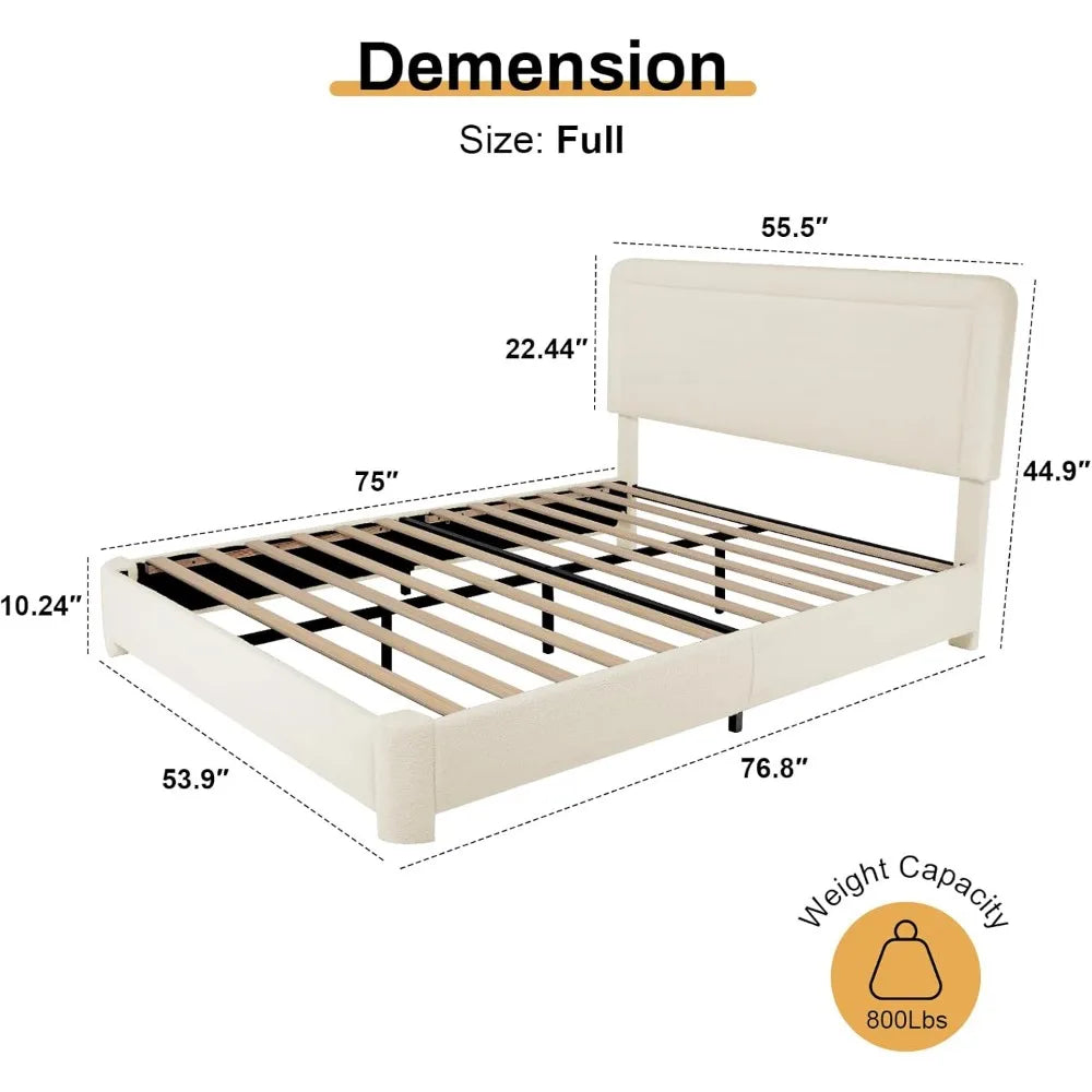 Full Size Boucle Bed Frame, Upholstered Cloud Bed Frame with Headboard, Soft Rounded Corners, No Box Spring Required, Adjustable