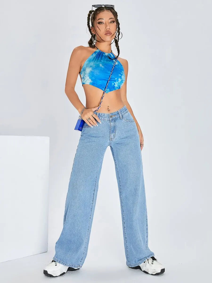 Solid Color Pocket Casual Versatile Wide-Leg Jeans