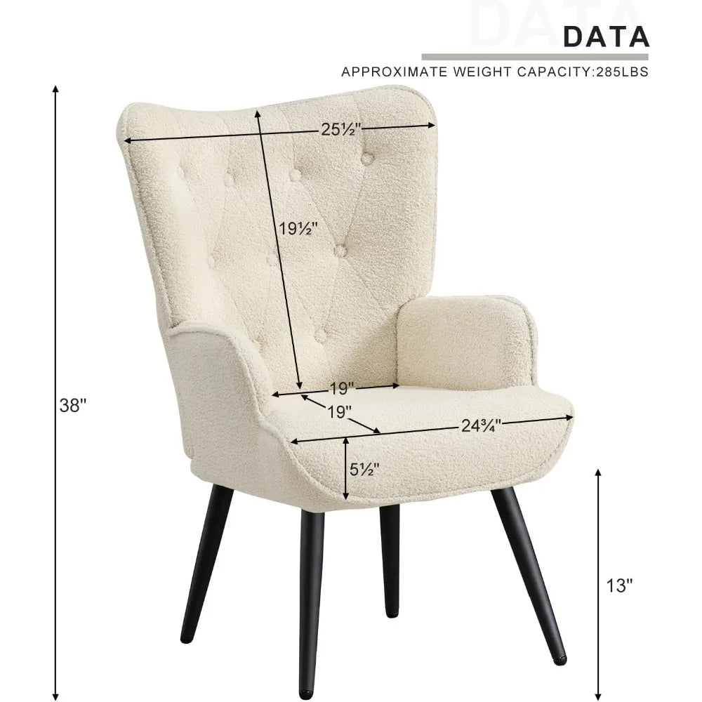 White Faux Fur Accent Chair - Mid Century Modern Living Room Furniture, Comfortable Armchair for Leisure and Vanity, Guest Wingb