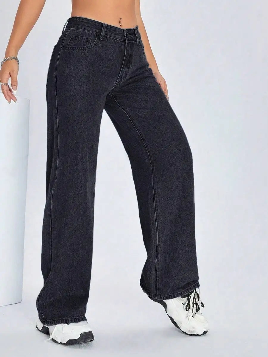 Solid Color Pocket Casual Versatile Wide-Leg Jeans