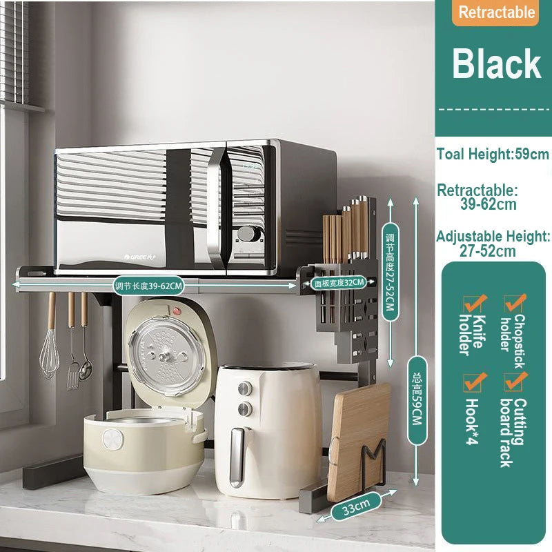 Kitchen Retractable Microwave Oven Storage Rack Household Countertop Cooker Oragnizer Cabinets Adjustable Seasoning Rack Shelf