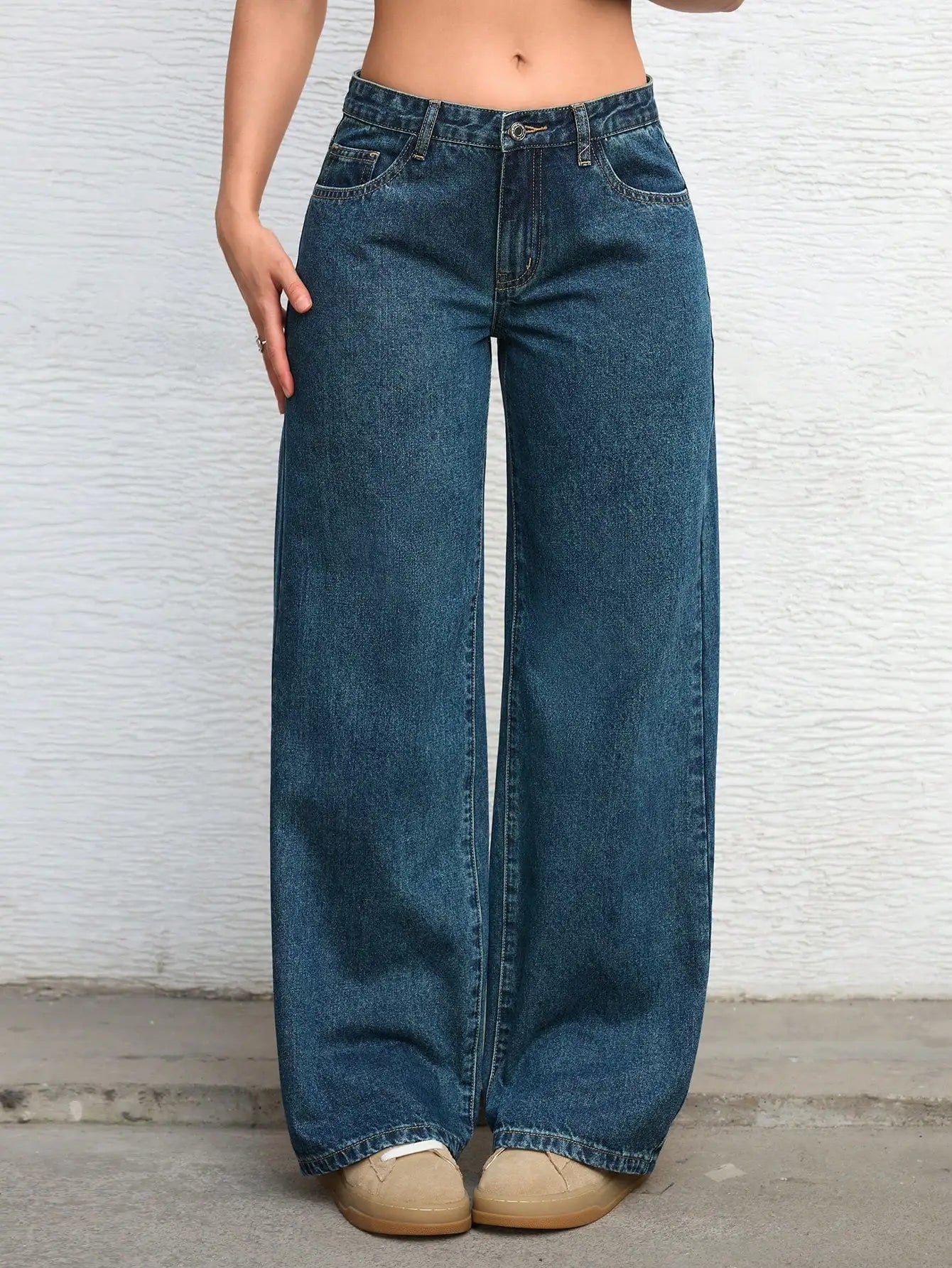 Solid Color Pocket Casual Versatile Wide-Leg Jeans
