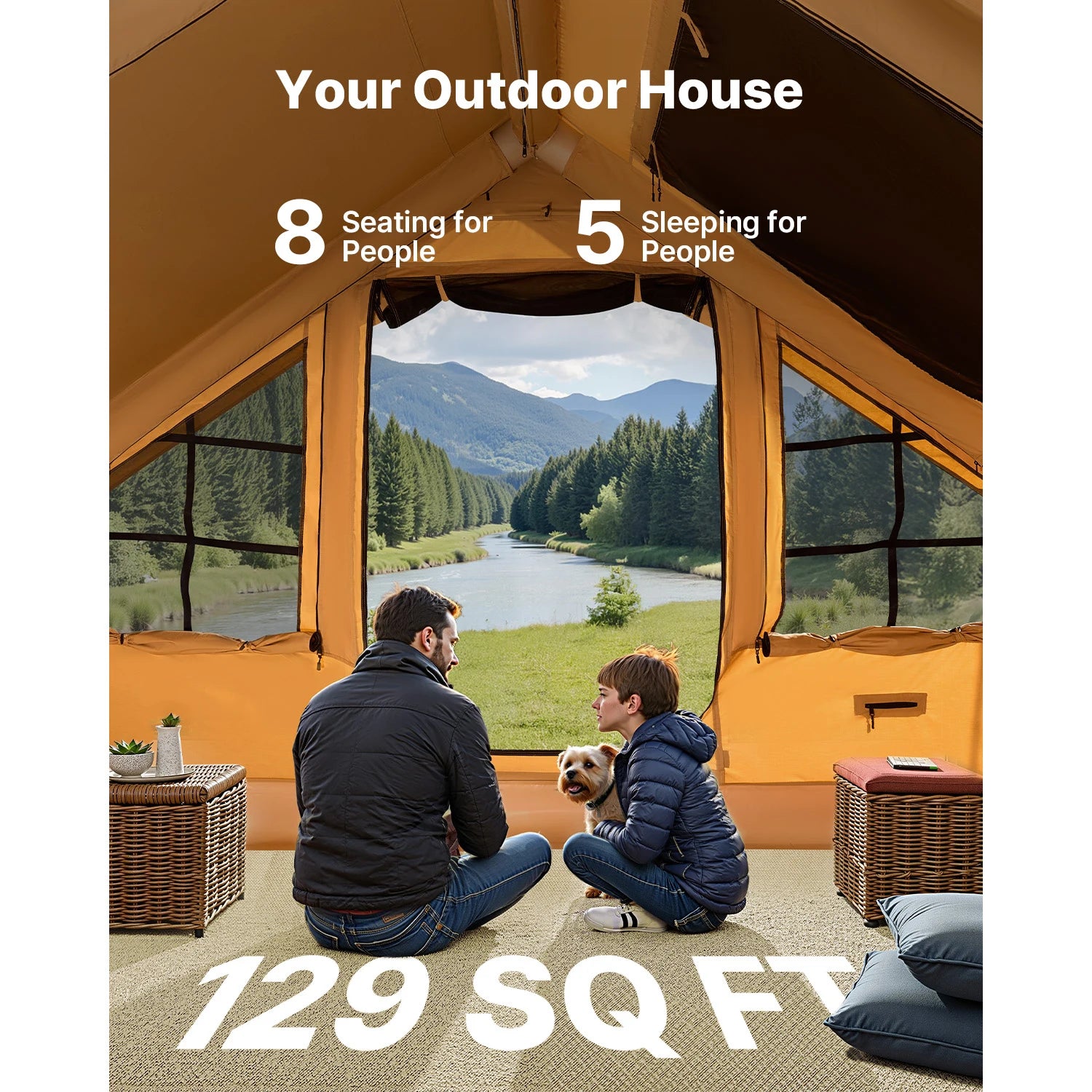 VEVOR Inflatable Tents for Camping Easy Setup Blow up Tent with Hand Pump Glamping Tent with Skylight Stove Jack & Mesh Windows